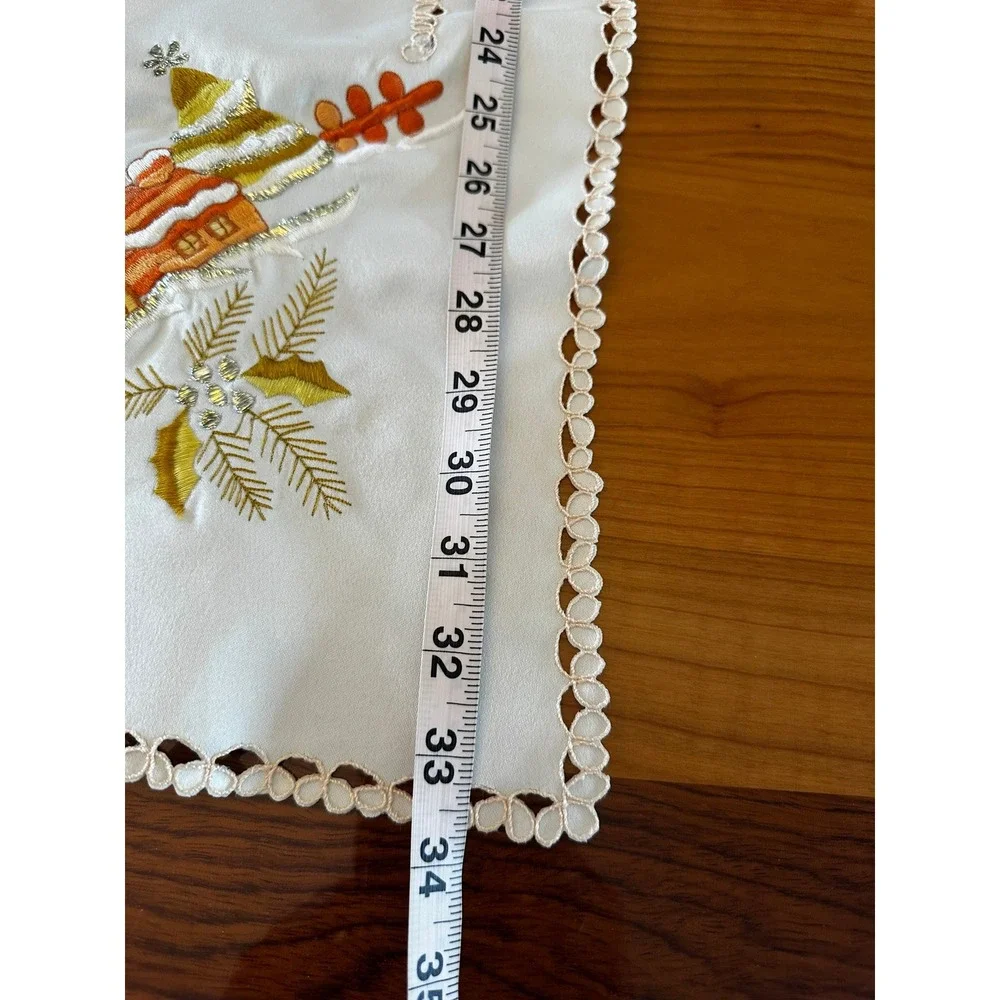 Vintage Christmas Square Tablecloth Embroidered Snowy Cottage Lace Trim 34x34
